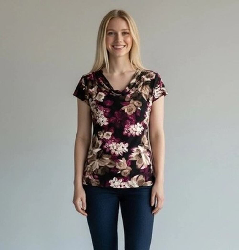 NWOT Kasper Cowl Neck SS Black Purple Beige Floral Blouse Top Petite Large